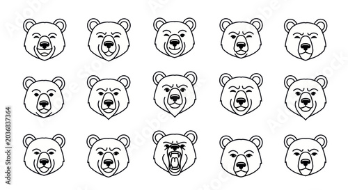 Canvas Print Bear Faces Collection: Expressive Emotions, Line Art Icons