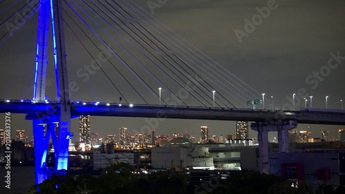 Photography suspension bridge illuminated at night in Tokyo Japan