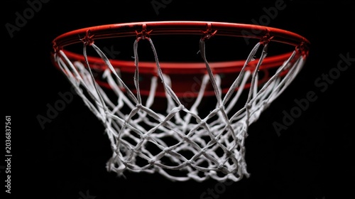 Low-angle close-up of a basketball hoop against a solid black background