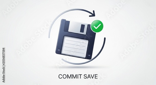 Floppy disk icon with save confirmation symbol on white background
