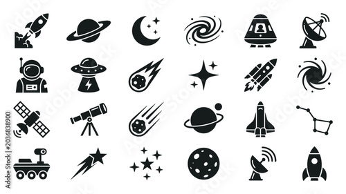 Fotografie Set of space and astronomy icons including rocket, planet, crescent moon, galaxy
