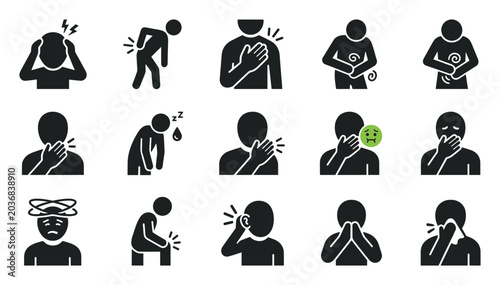 Quadro su tela Set of simple black icons representing various human pain symptoms and discomfor