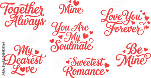 Fotografija A collection of romantic red hand lettering typography phrases and quotes isolated on a white background