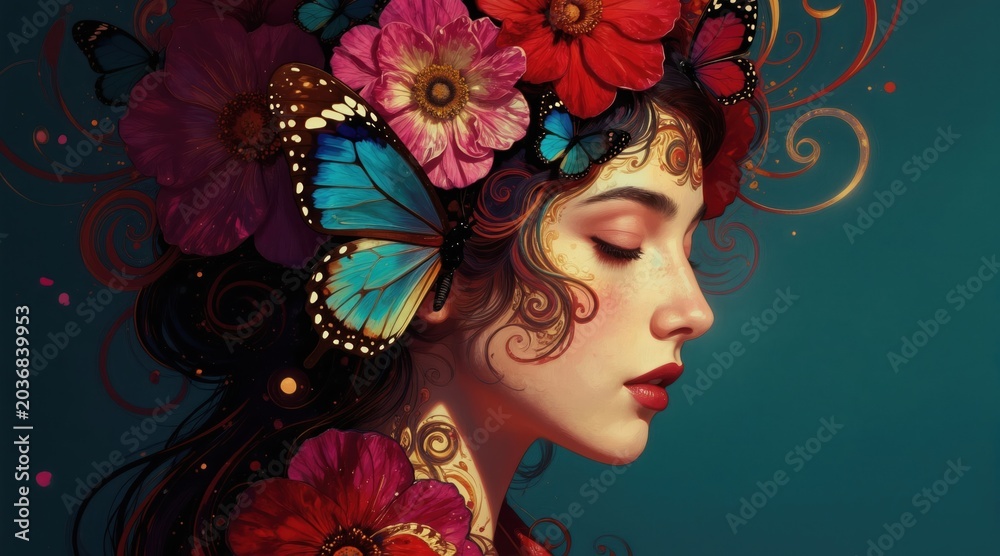 Naklejka premium Woman with butterflies and flowers in hair, serene profile view. Detailed artwork blends nature and beauty with delicate patterns and vibrant colors, evoking a dreamlike fantasy.