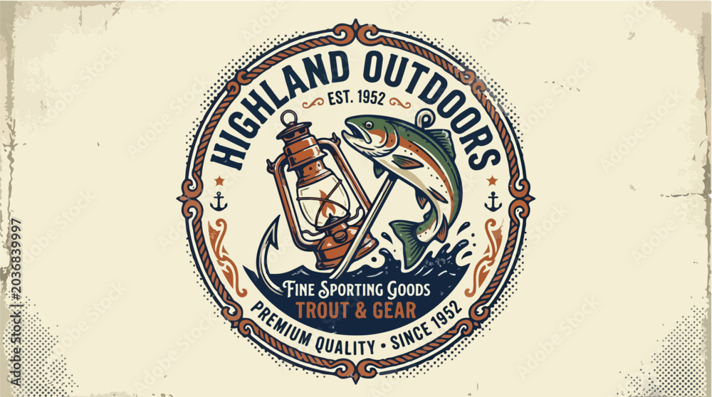 Fototapeta premium Vintage-style outdoor fishing badge with a detailed illustration of a fisherman holding a fishing rod and fish