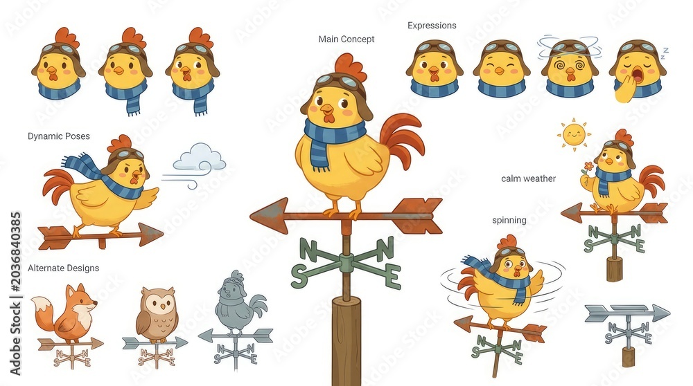 Obraz premium Charming Weather Vane Rooster Illustrations Depicting Different Poses and Expressions.