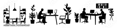 Co-working space icon set with solid black icon on white background featuring workspace symbol, remote collaboration, office environment with people and laptops