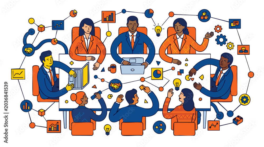 Fototapeta premium Diverse corporate team executing data-driven strategy and collaborative innovation in a modern agile B2B workspace environment