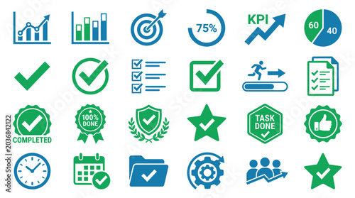 Comprehensive business KPI performance and workflow icon set