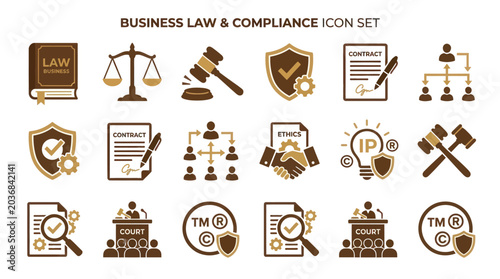Corporate business law and compliance icons in gold