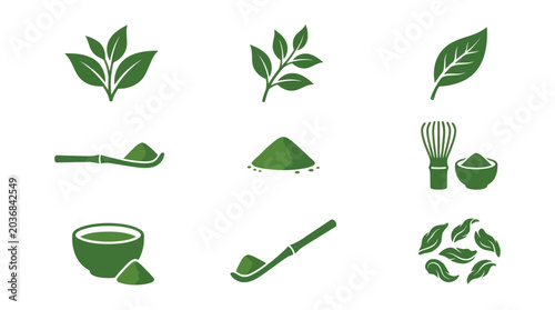 Green tea leaves and matcha powder preparation set.