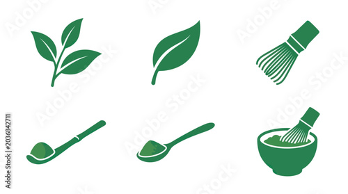 Matcha green tea leaves and traditional preparation icons.