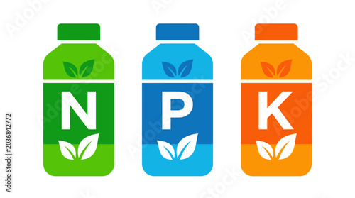 NPK Fertilizer Bottle Icons for Plant Growth.