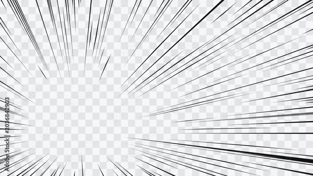 Fototapeta premium Anime and manga inspired speed lines with an intense radial composition. Black and white dynamic motion effect designed to emphasize action, acceleration, impact, and dramatic scenes. 