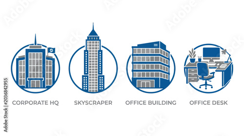 Konstfotografi Professional office infrastructure and skyscraper blue circular icons