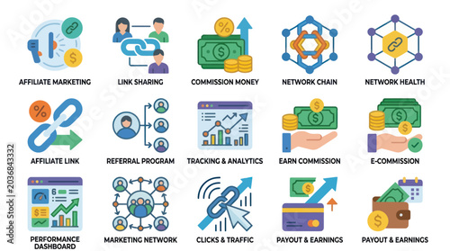 Affiliate marketing and digital commission icon set.