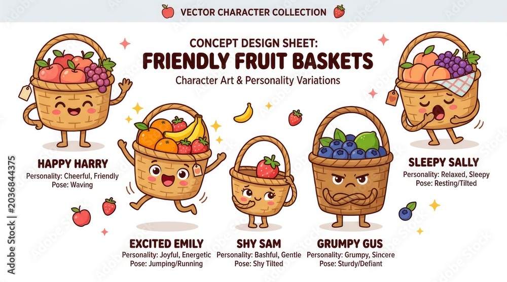 Fototapeta premium Friendly Fruit Baskets - Vector Character Collection Concept Design Sheet.