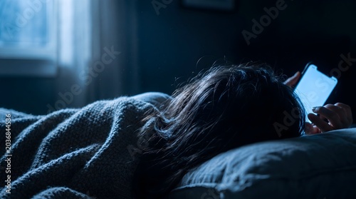 Sick or depressed woman checking smartphone text messages in dark bedroom feeling anxious weary and completely alone