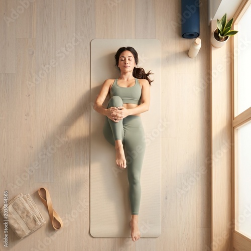 An overhead square view of a fit woman practicing flexibility and stretching exercises on a mat.