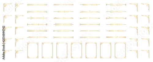 Gold photo frame and line text dividers. Deco corner frame, glowing geometric boarder and vintage separators set for wedding invitations. Decorative elements with golden ornament