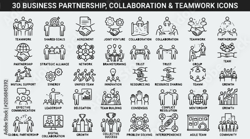 Business Partnership, Collaboration & Teamwork Icons Set