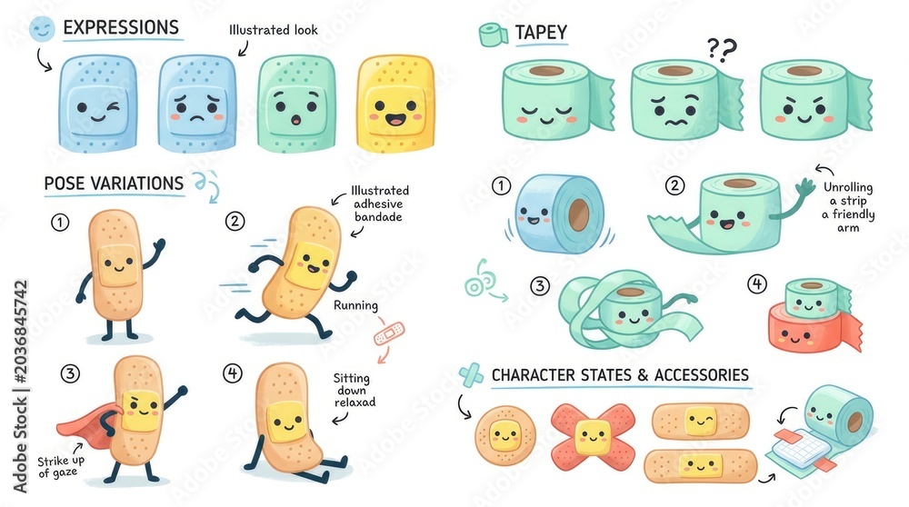 Obraz premium Illustrated Cartoon Characters and Expressions with Various Poses and Accessories.