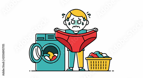 Frustrated cartoon boy holding shrunk laundry from washer.