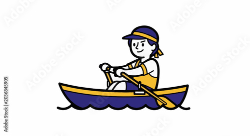 Cheerful cartoon character rowing a small canoe alone.