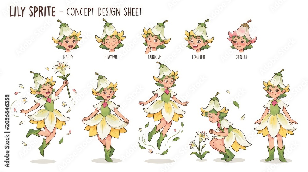 Obraz premium Lily Sprite Concept Design Sheet - Adorable Floral Fairy Character Illustrations.