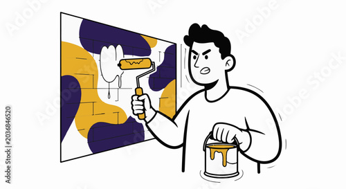 Cartoon man painting colorful abstract wall art happily.