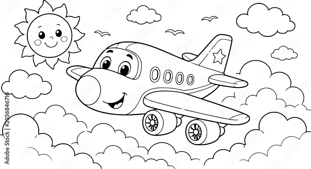 Obraz premium Cute cartoon airplane and smiling sun flying through the clouds, a fun illustration for children's coloring pages