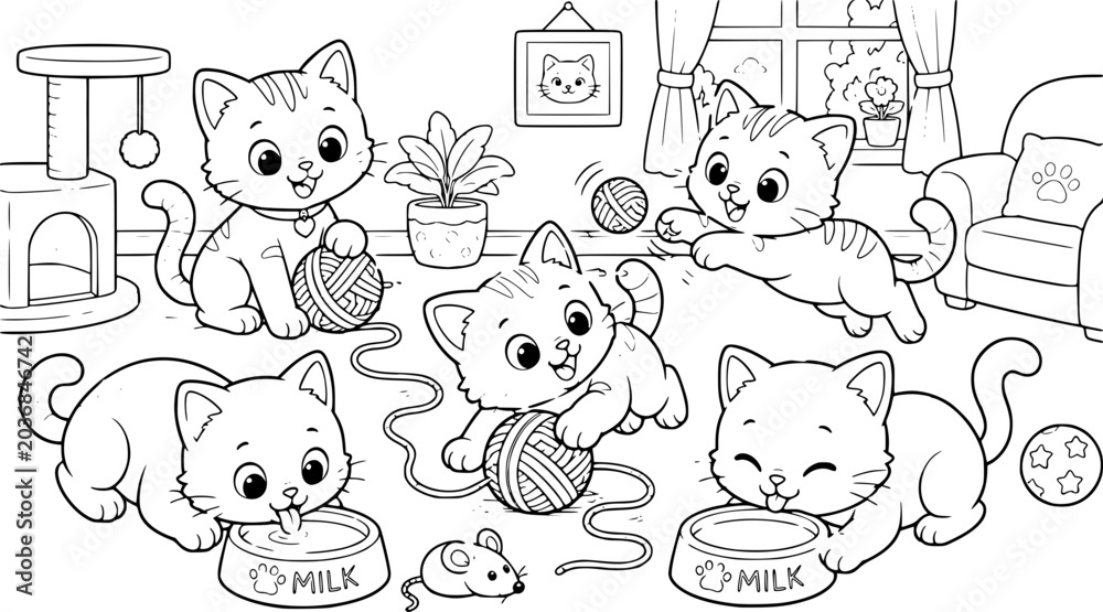 Obraz premium An engaging scene featuring five adorable cartoon kittens joyfully playing, eating, and interacting in a cozy domestic room, designed as a delightful outline for a children's coloring page