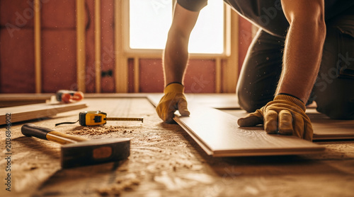 Construction worker laying hardwood floor, home renovation project, interior finishing with tools and materials.