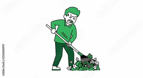 Cartoon Gardener Mowing Lawn with Green Attire and Cap.