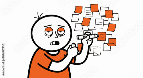 Cartoon character overwhelmed by sticky notes and stapler.