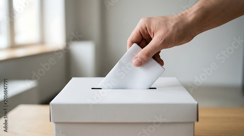 Hand Casting Vote Into White Ballot Box
