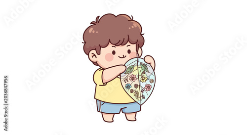 Cute cartoon boy holding colorful umbrella indoors.