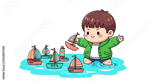 Happy Child Playing With Toy Sailboats In Water.
