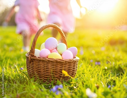 Easter basket with pastel eggs on grass, children in pink dresses, spring holiday, festive celebration