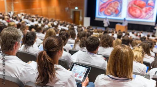 Medical students attending university lecture in large auditorium with digital anatomy presentation. Healthcare education, academic training and modern medical learning concept