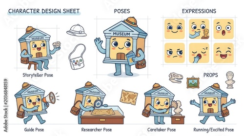 Whimsical Character Design Sheet Featuring a Bank Building Mascot in Various Poses.