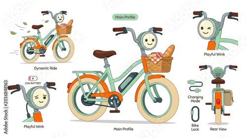 Whimsical Electric Bicycle Illustration with Various Perspectives and Details.