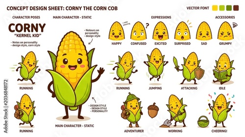 Whimsical Corn Character Illustrations - A Playful Design Sheet.