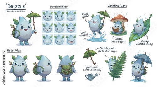 Whimsical Drizzle Character - Adorable Cartoon Illustration with Umbrella and Nature Elements.