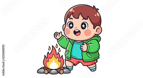 Curious cartoon boy watching small outdoor campfire flames.