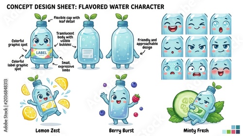 Whimsical Flavored Water Character Concept Design Sheet with Various Expressions.