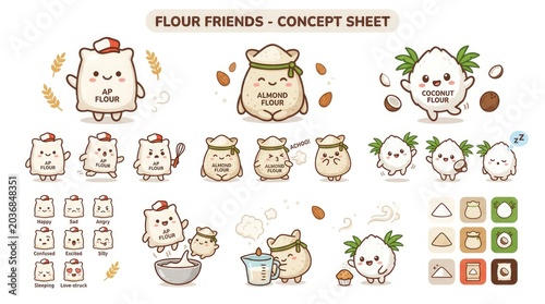Whimsical Flour Friends Concept Sheet - Adorable Characters for Baking and Cooking.