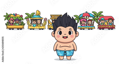 Cute cartoon boy in swim trunks with tropical trains.