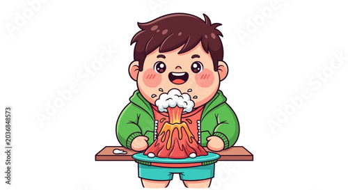 Hungry cartoon boy eating messy spaghetti meal joyfully.