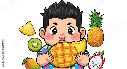 Cute cartoon boy enjoying colorful tropical fruits joyfully.
